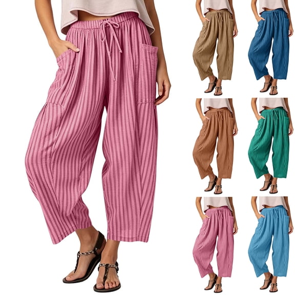 Womens Pants Casual Striped Elastic Waist Drawstring Baggy Wide Leg Pants with Pockets Ankle Length Comfortable Cropped Trousers for Daily Workout