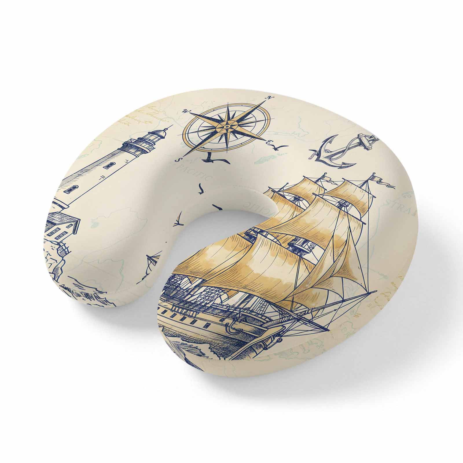 Neck Pillow Ergonomic Memory Foam U Shaped Pillows Coastal Anchor Compass Sailboat Soft Portable Neck Head Support Cushion Pillow for Travel Airplane Car Office Use Retro Lighthouse Nautical Theme
