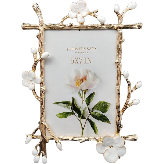 5x7 White Floral Picture Frame Vintage Gold Photo Frame with Glass Front, Ornate Antique Tabletop Art Desktop Home Office Decor Gold Metal Frame, Unique Gifts for Women Wedding Mothers Day