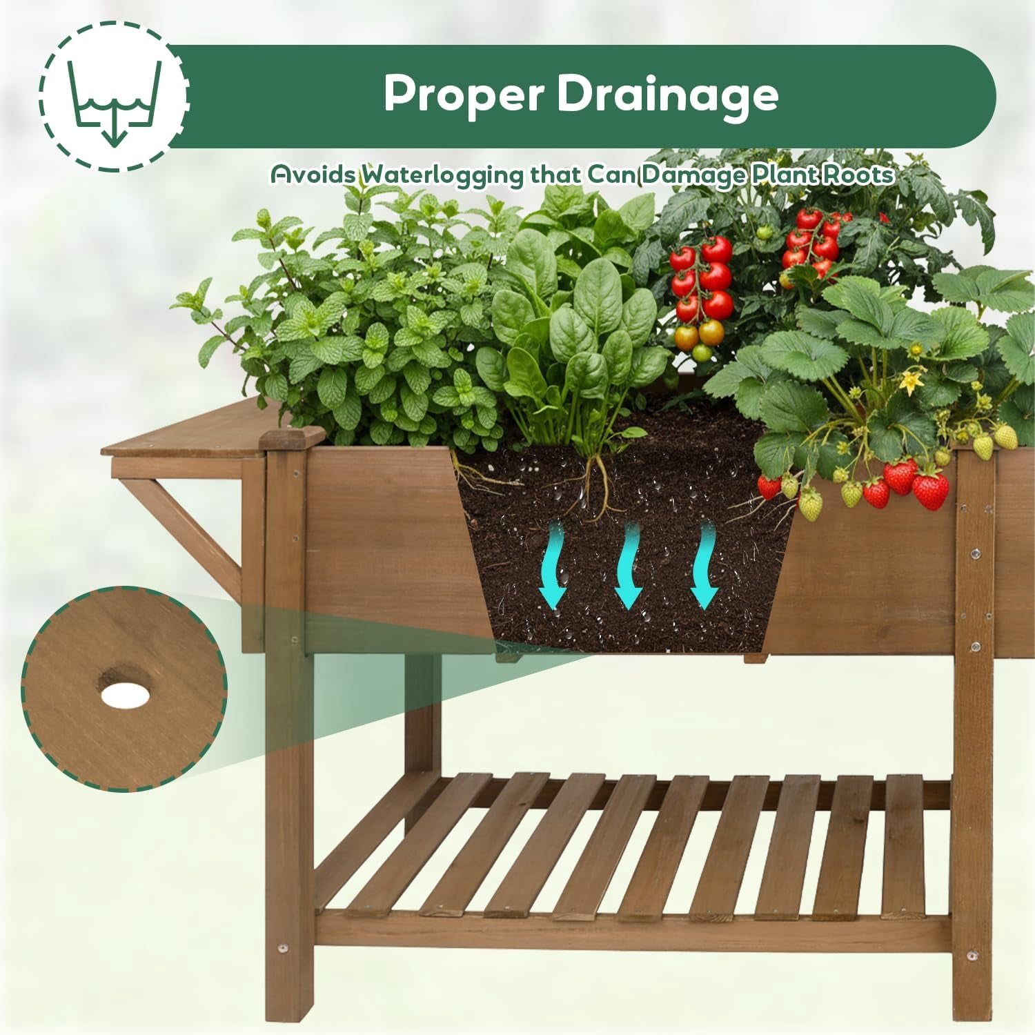 81" Large Raised Garden Bed with Legs, Elevated Planter Box with Liner, Side Table, Storage Shelf & Hanging Hooks for Vegetables & Herbs, Brown