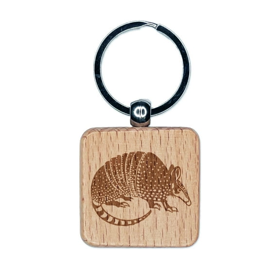 Armadillo Armored Animal Square Keychain Charm Tag - Engraved Wood