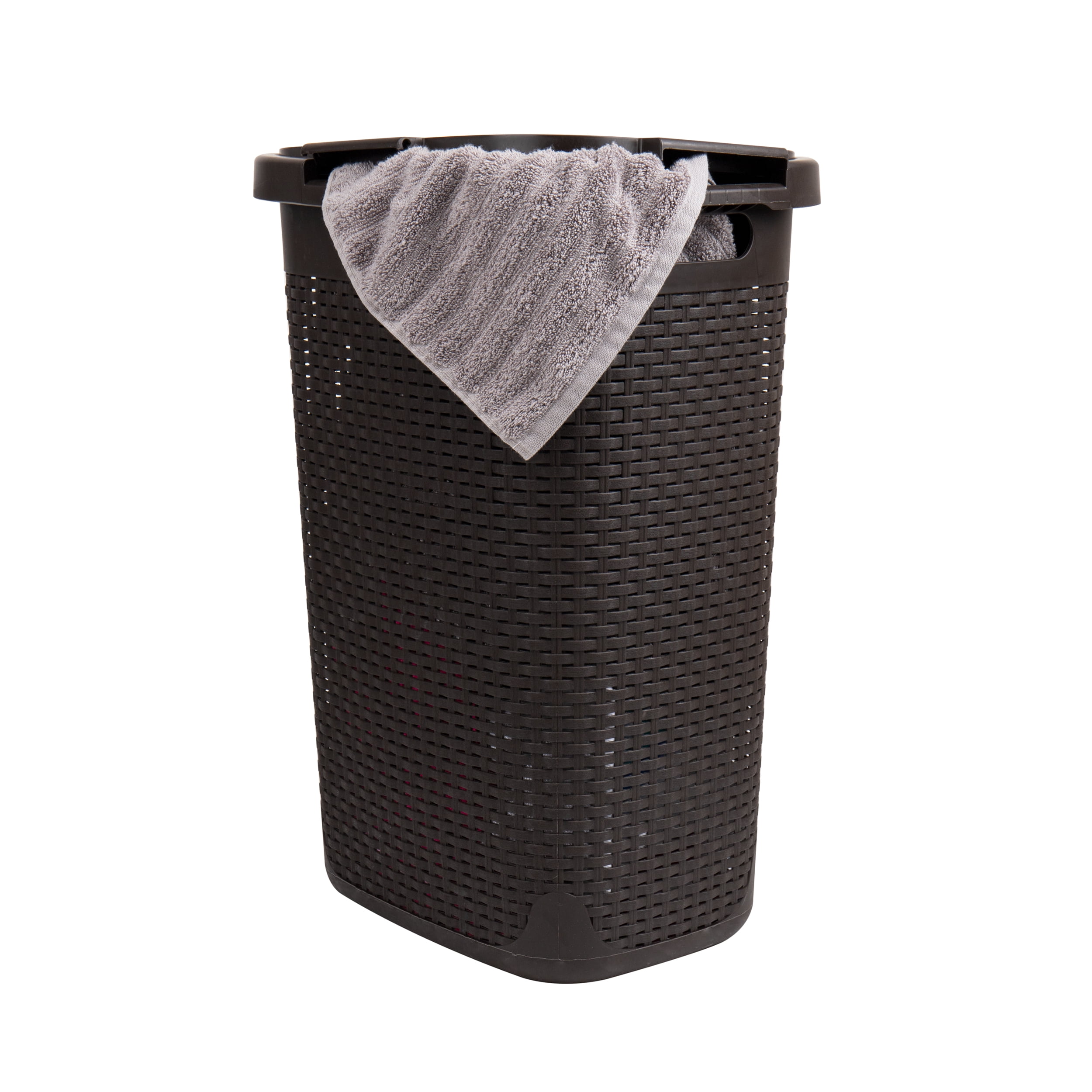 Mind Reader 60L Slim Laundry Hamper, Clothes Basket, Lid, Wicker Style, Plastic, 17.65"L x 13.75"W x 24.15"H, Set of 2, Brown