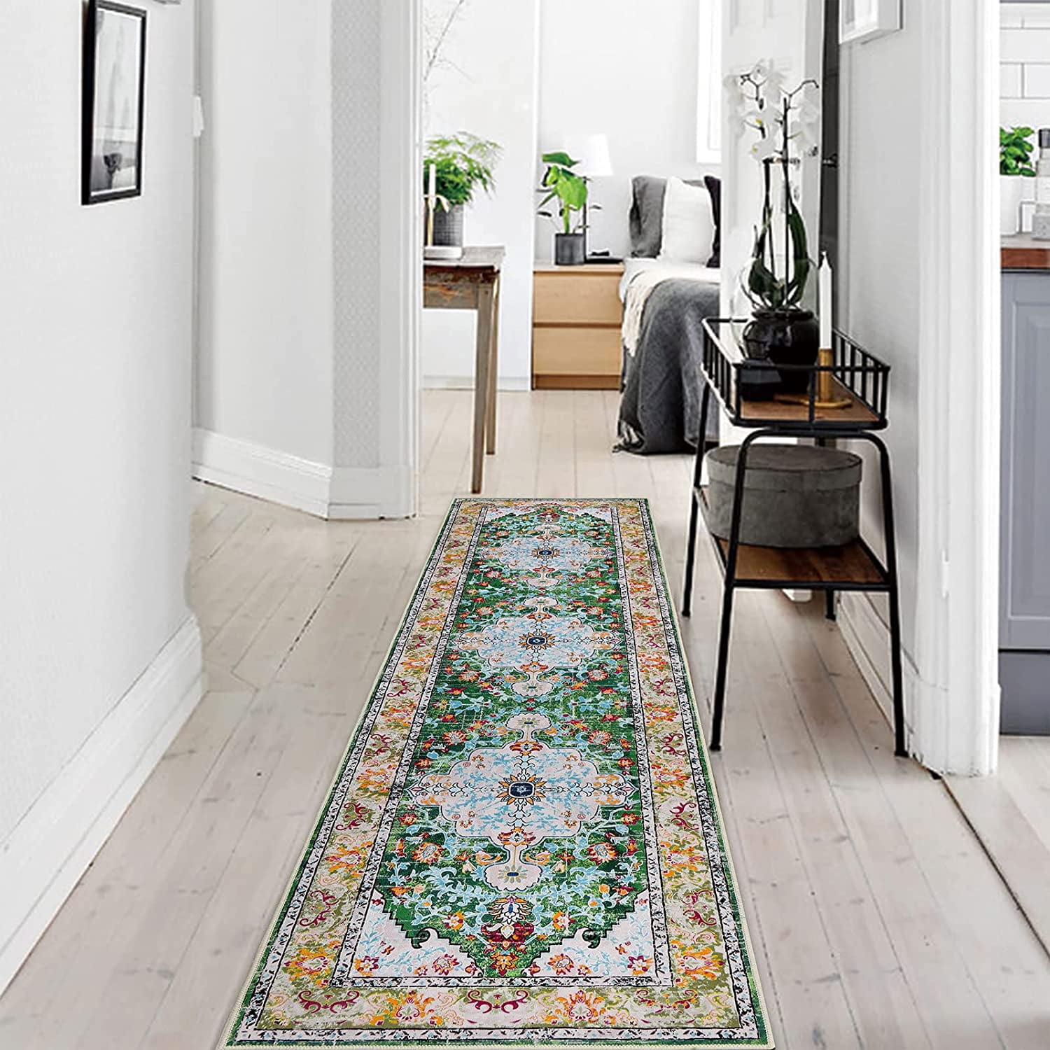 Findosom 2'x8' Vintage Boho Runner Rug Washable Non-slip Area Rug,Hallway Indoor Farmhouse Bedroom Kitchen Living Room Non Shedding Runner, Contemporary Low Plie Floor Carpet Doormat,Green
