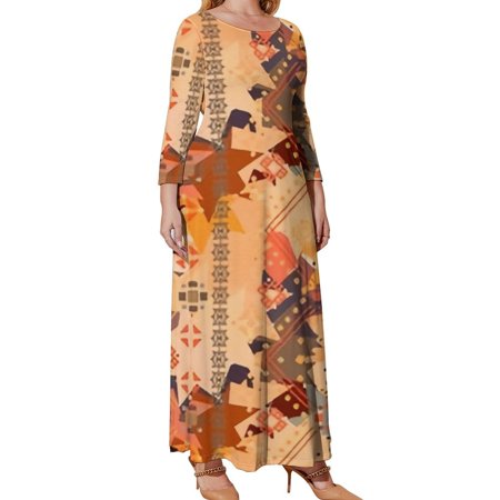 Myst Design Oversized Women's Long Sleeve Dresses, Ethnic Pattern Tribal Art Long Plus Size Dress, Loose Fit Casual Maxi Dresses with Pockets, XL
