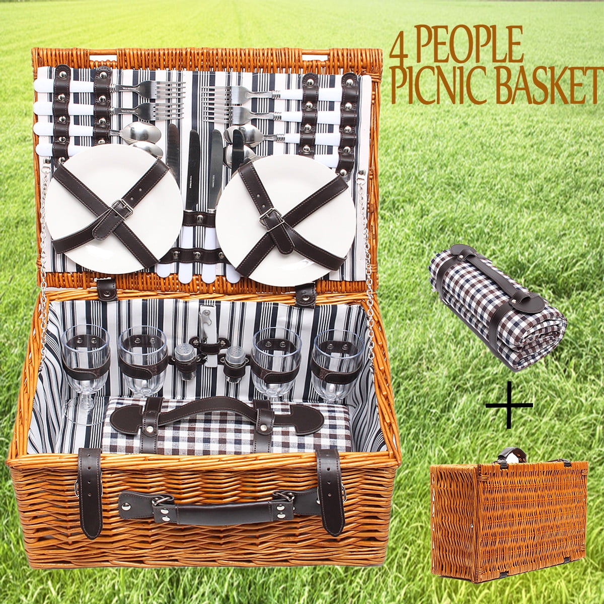 NEW 4 Person Picnic Basket Baskets Set Insulated Mat Blanket Park