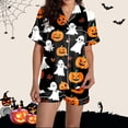thumbnail image 4 of Halloween Silk Pajamas Women Pajama Set for Women Silk Satin Short Sleeve Button Up Top and Shorts with Halloween Print for Cozy Sleepwear and Elegant Dark Gray S, 4 of 7