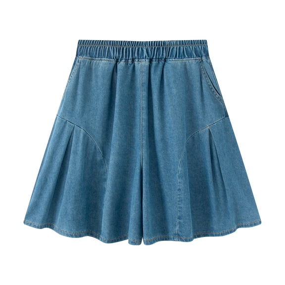 Women's Denim Skort, High Waisted Elastic Waist Flowy Pleated Skort with Side Pockets for Daily Wear