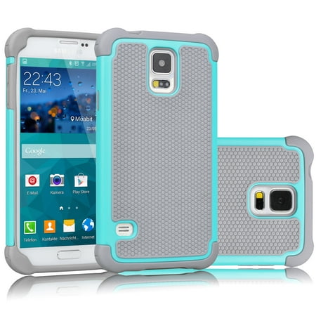 Galaxy S5 Case, Galaxy S5 Sturdy Case, Tekcoo [Tmajor] [Turquoise/Grey] Shock Absorbing Hybrid Rubber Plastic Impact Defender Rugged Slim Hard Case Cover Shell For Samsung Galaxy S5 S V I9600