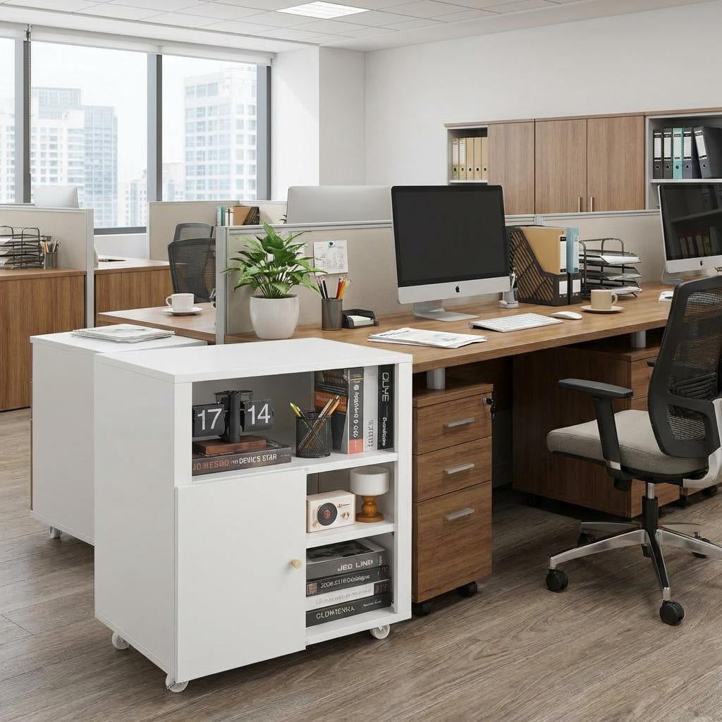 Metal Printer Cabinet with Storage, Heavy Duty Rolling 3D Printer Stand with 2 Doors, Under Desk File Cabinet for Home Office Corner and Small Spaces, White