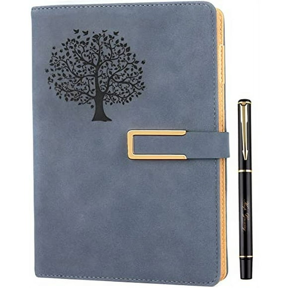 Diario rellenable Fanery árbol vida para hombres y mujerescuaderno tapa dura imitación cuero, A5, rayas universitarias, 200 páginas forradas, abre plano, plumín y hebilla magnética (Árbol vida-Azul)