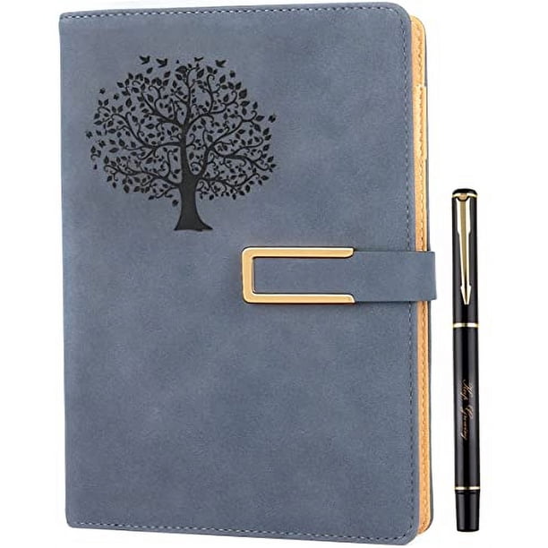 Diario rellenable Fanery árbol vida para hombres y mujerescuaderno tapa dura imitación cuero, A5, rayas universitarias, 200 páginas forradas, abre plano, plumín y hebilla magnética (Árbol vida-Azul)