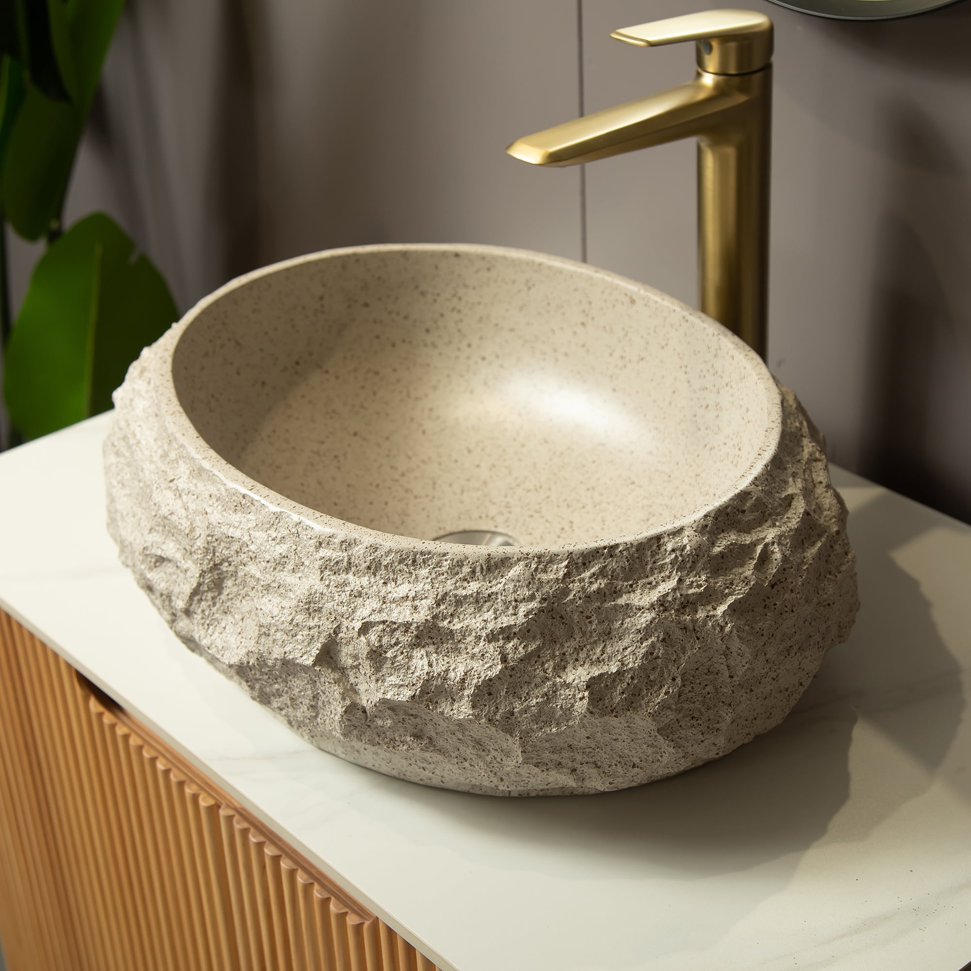 Wohh 18" Irregular Oval Resin Bathroom Sink with Stone Texture Beige Vessel Sink 17.72x5.9 Inch Modern Above Counter Vanity Basin for Home Office Restaurant Indoor Outdoor Use