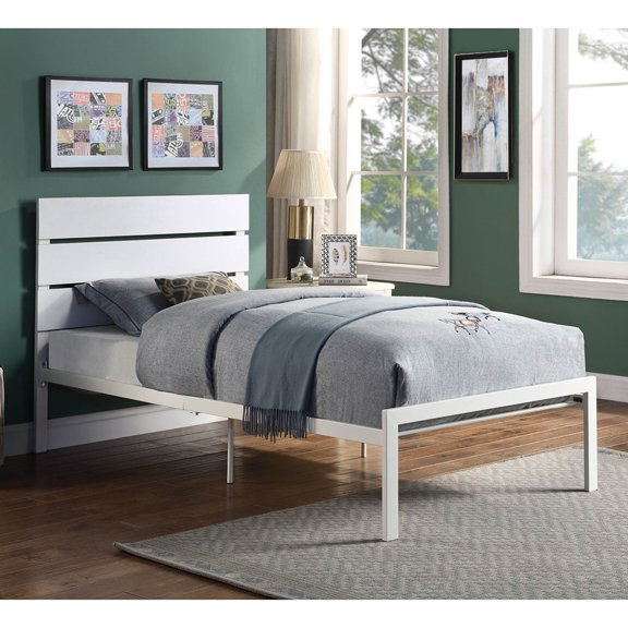 Tcbosik Twin Size Metal Platform Bed with Wood Headboard, White
