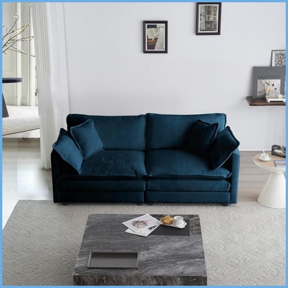 Modern Blue Chenille Loveseat with 4 Pillows - Deep Seat 2-Seat Couch for Living Room