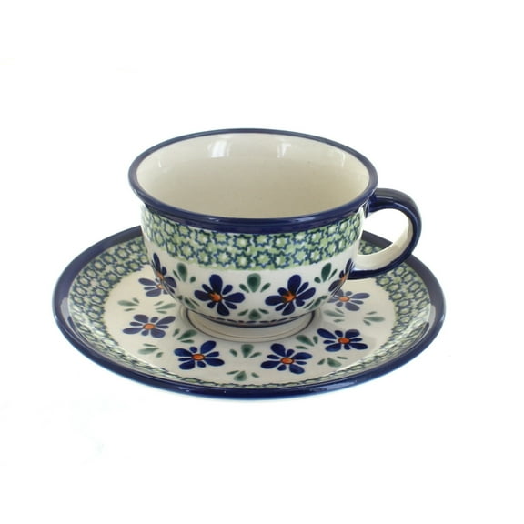 Blue Rose Polish Pottery Mosaic Flower Cup & Saucer