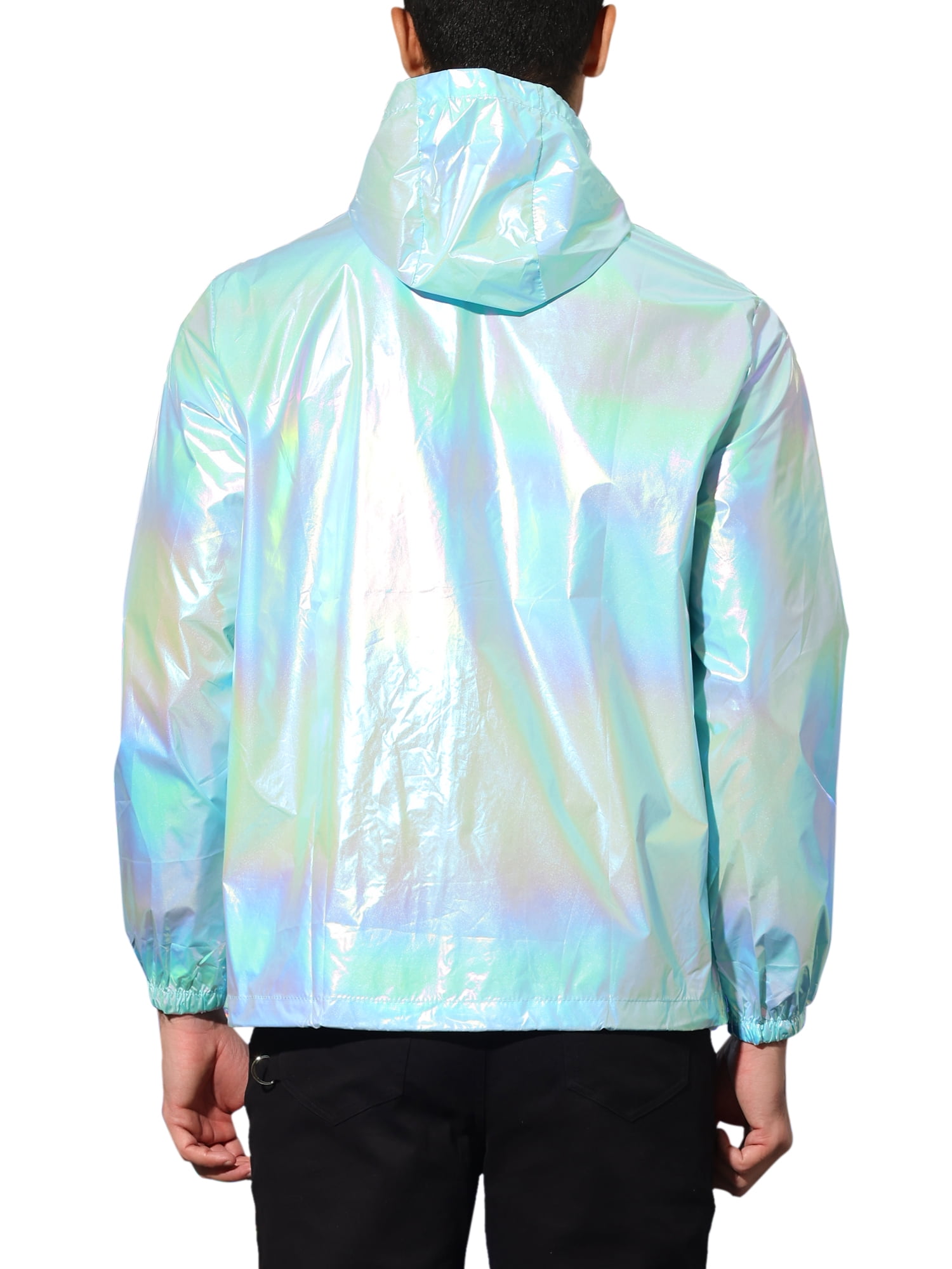 INSPIRE CHIC Men's Jacket Metallic Zip up Hooded Lightweight Holographic Shiny Jackets M Mint Blue