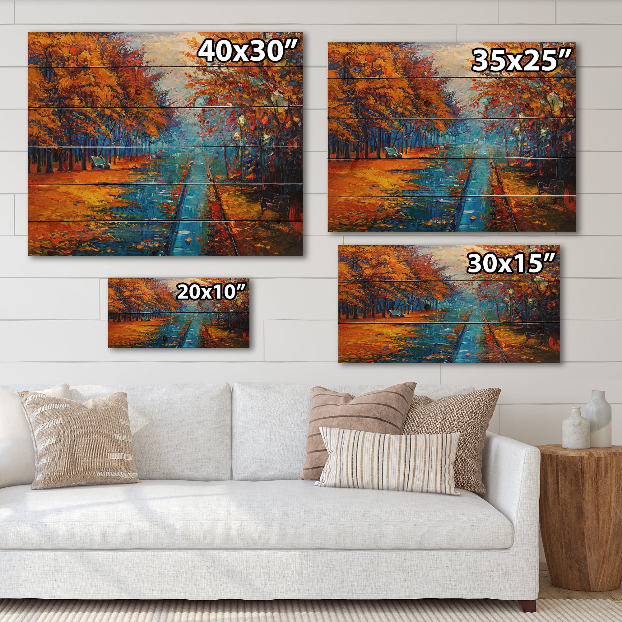Designart 'Orange Autumn Landscape With Little Road II' Traditional Print on Natural Pine Wood