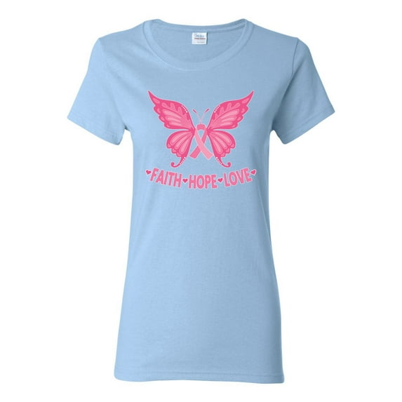 Wild Bobby, Butterfly Pink Ribbon Faith Hope Love, Breast Cancer Awareness, Women Graphic Tee, Light Blue, Large