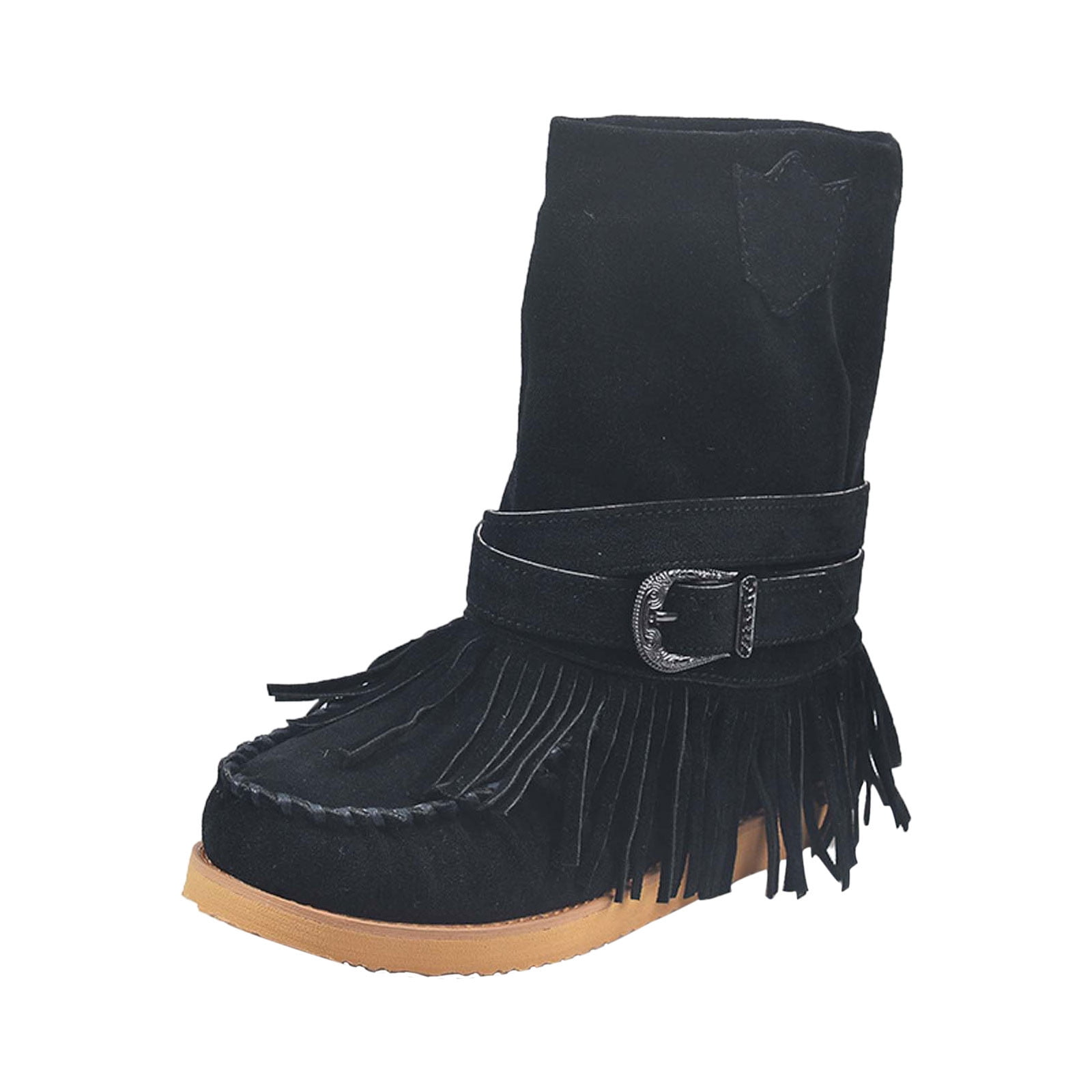 Women's Suede Moccasin Boots Round Toe Tassel Flats Heel Buckle Casual Booties