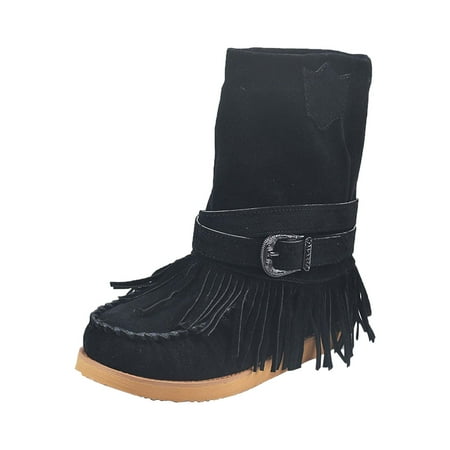 

asdoklhq Boots Under $15 Tassel Boots for Women Suede Ankle Booties Winter Round Toe Vintage Fringe Mid-Calf Flat Shoes