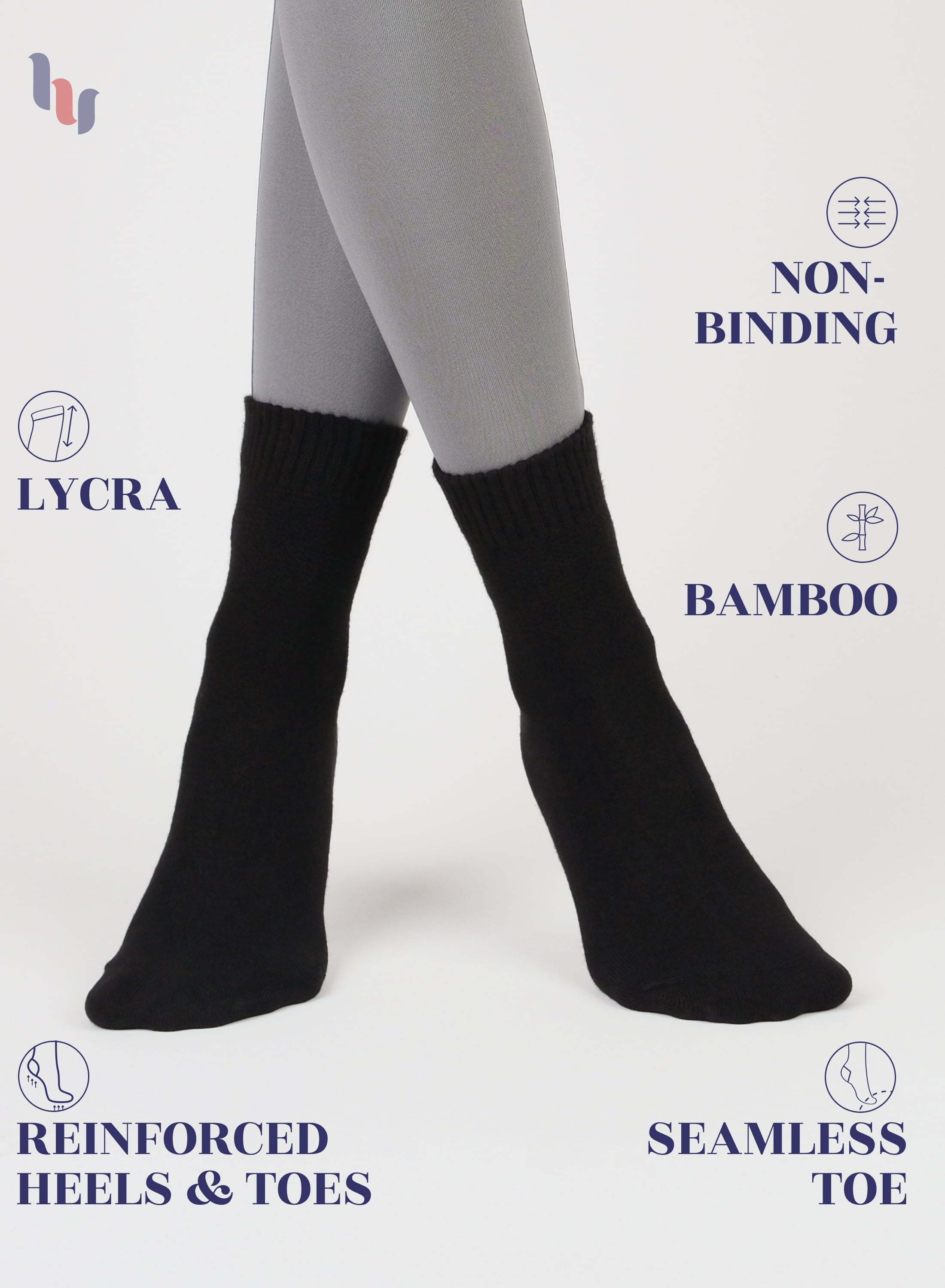 Hugh Ugoli Mid Ankle Diabetic Socks for Women, Soft Bamboo, Wide & Loose, Seamless Toe, 4 Pairs, Black