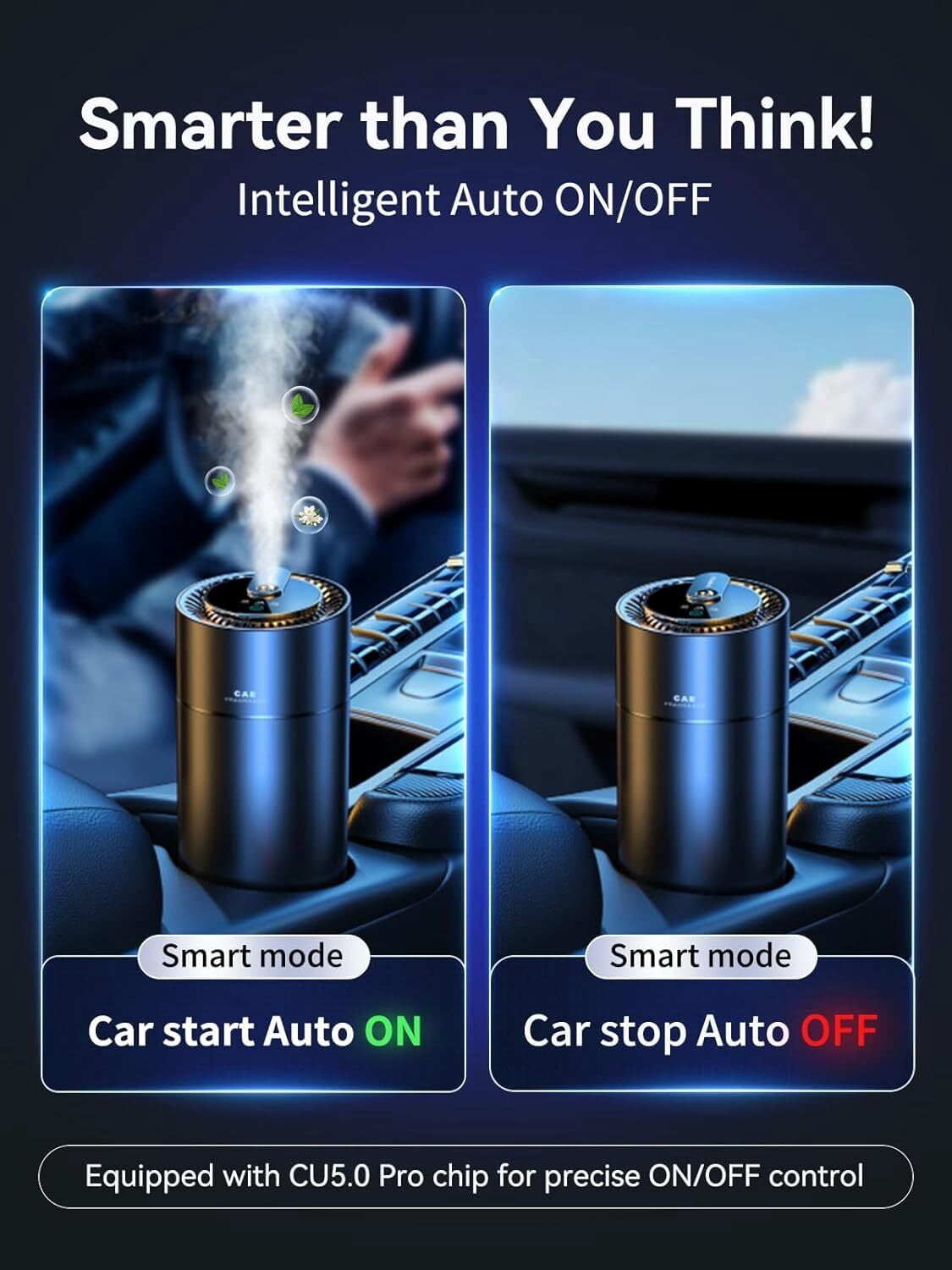 Smart Car Air Fresheners, New Smell Experience By Ultrasonic mist, Auto On/Off, Powerful Built-in Battery, Natural Fragrance, Adjustable Car freshener