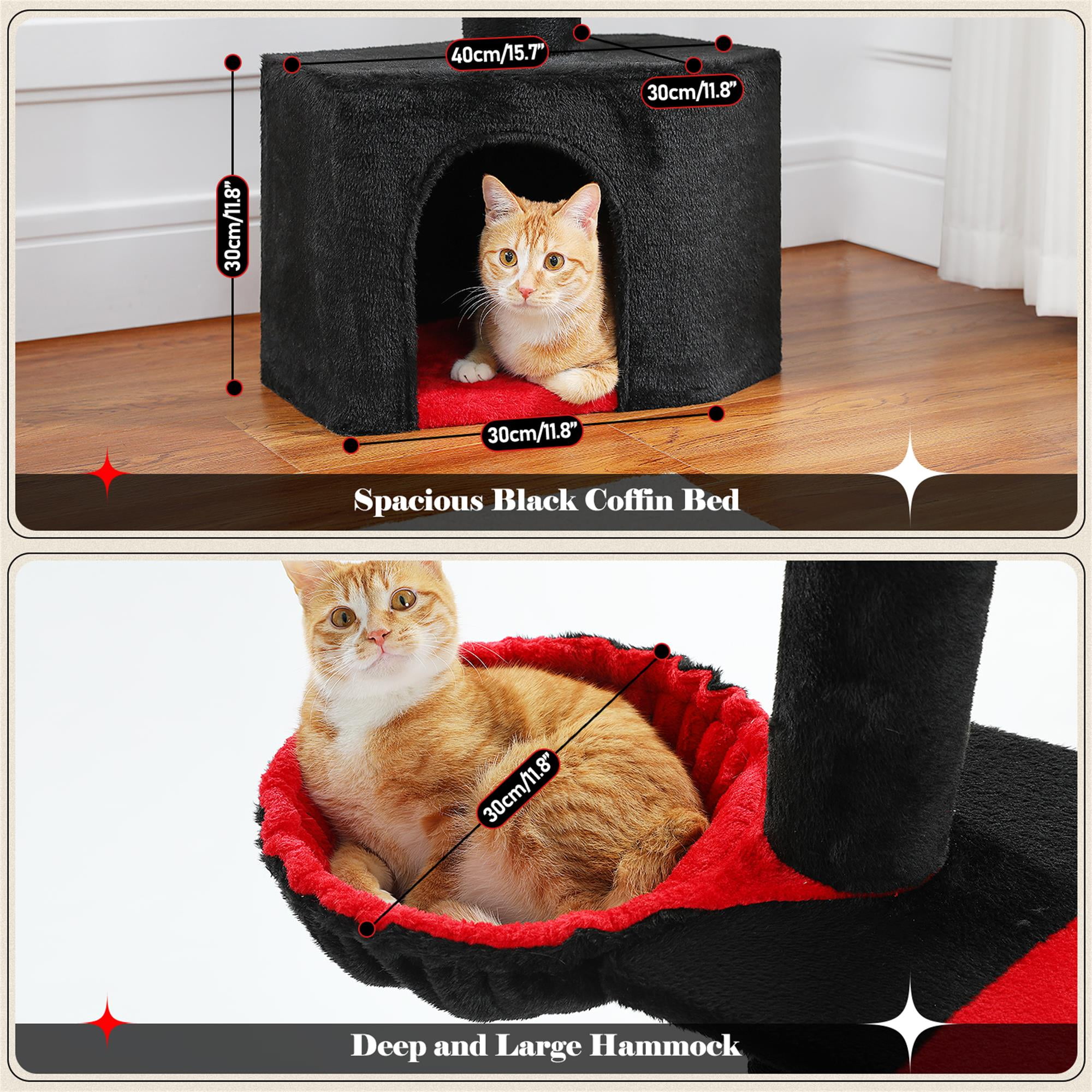 Kadyn Adjustable Height 86"-120" Gothic Cat Tree with Sisal Covered Scratching Post, Hammock, Floor to Ceiling Cat Tree Tower, Black