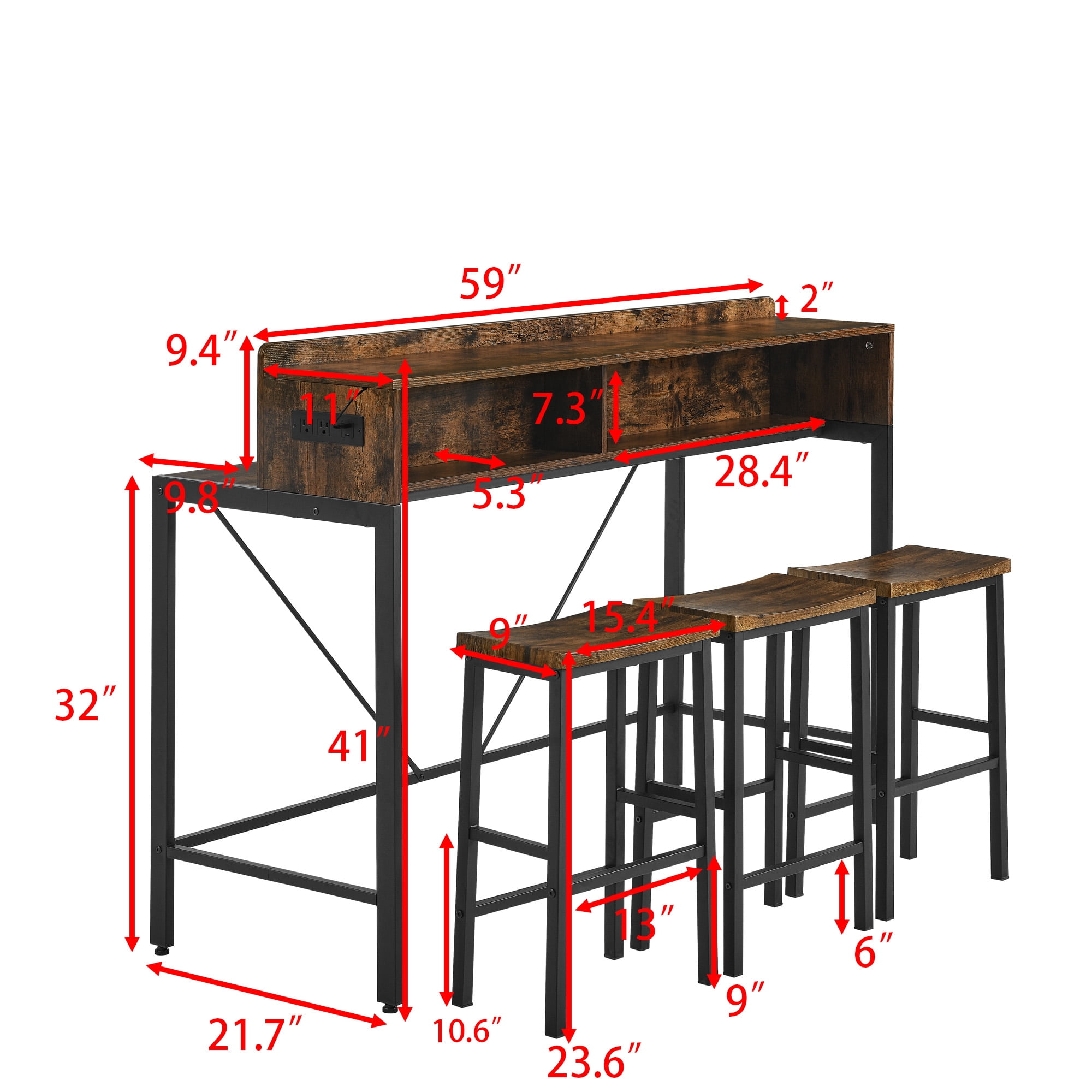 Aukfa Counter Height Dining Table Set, Kitchen Table W/ LED light,Storage Shelves & Power Outlet for Breakfast,Brown
