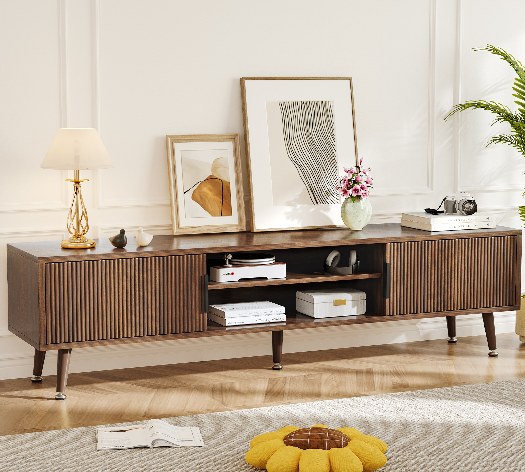 TV Stand for Living Room, Mid Century Modern Entertainment Center for 55/60/65/70 inch TVs, TV Console with Fluted Door Cabinets and Open Shelves, for Bedroom, Living Room, Walnut
