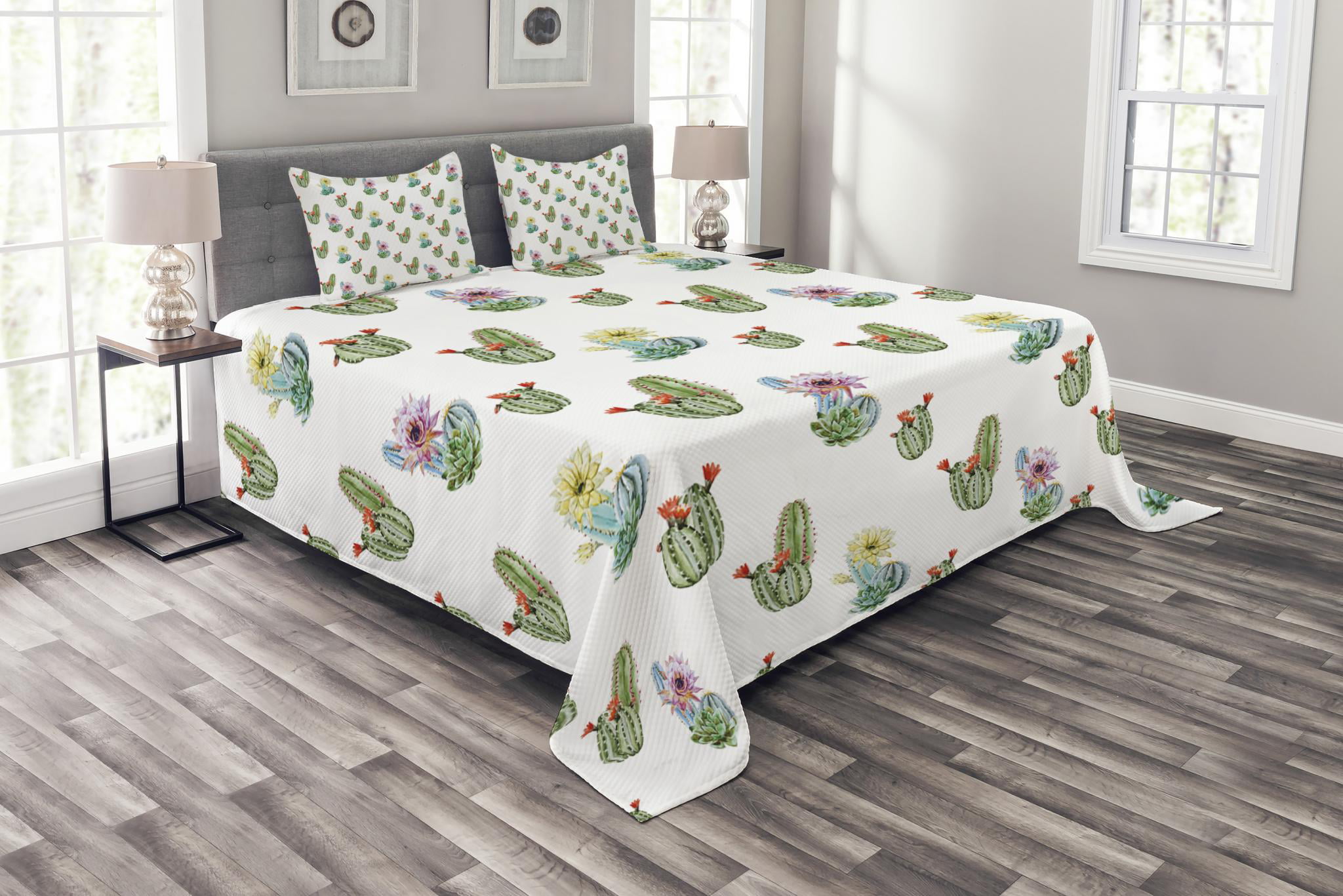 Decorative 3 Piece Bedding Set with 2 Pillow Shams Ambesonne Cactus Duvet Cover Set Pastel Green Queen Size Thorny Vintage Hawaiian Nature Flourishing Succulents and Cactus Bouquets Picture
