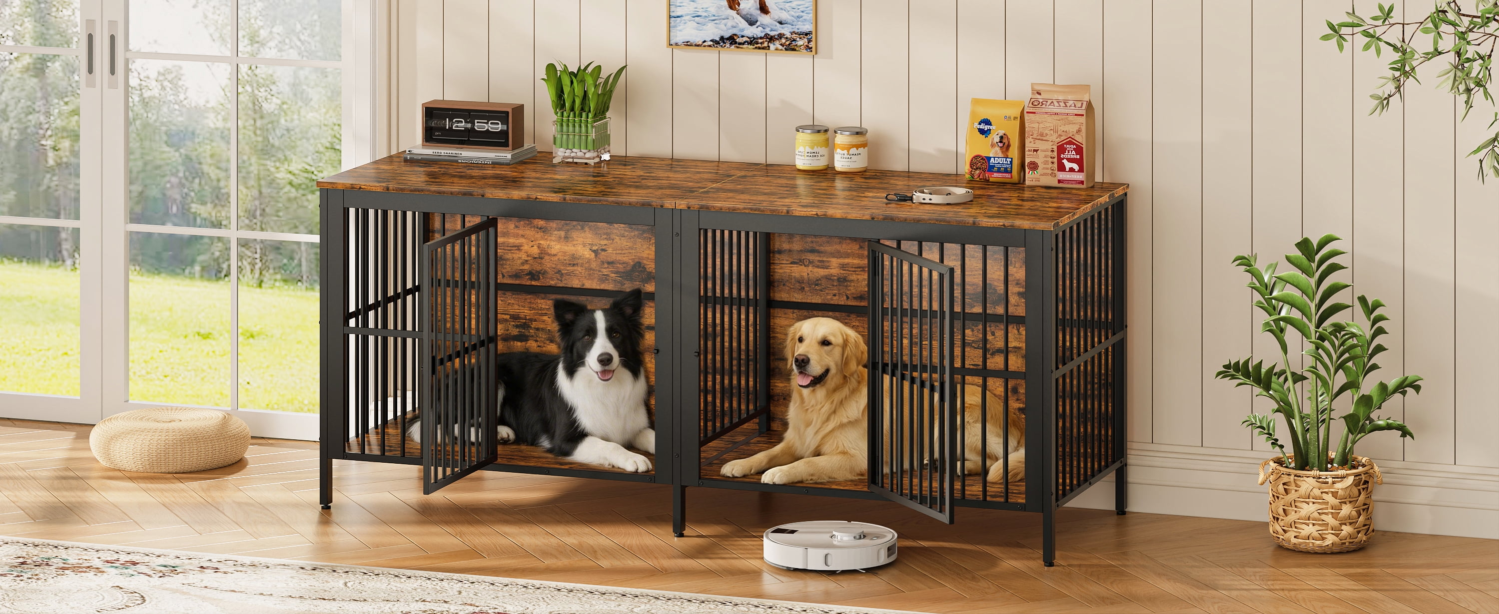 80" Dog Crate End Table, Heavy Duty 2-Door Indoor Pet Kennel, Multipurpose Dog House Furniture as TV Stand or Side Table for Living Room, Large & Medium Dogs