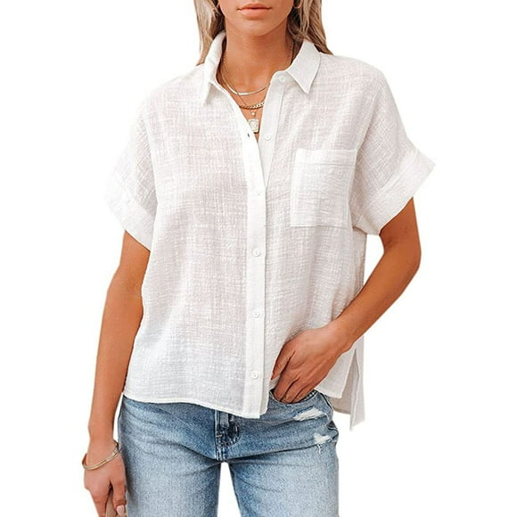 Chemise en Lin de Coton à Manches Courtes pour Femmes avec Chemisier de Poche sur le Côté