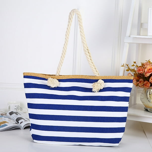 Maoww Woman Girl Travel Navy Blue Stripe Canvas Navy striped beach bag Beach Tote Shoulder Bag with Inner Zipper Rope Handle