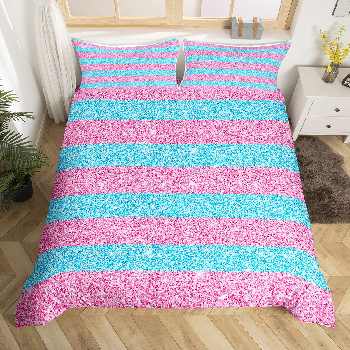 Pink Blue Pastel Ombre Bedding Set For Girls Twin,Cute Colorful Striped