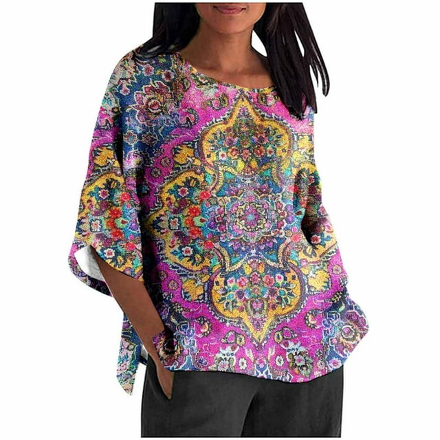 Mujeres 3/4 Manga Tops Y Blusas de Impresión Suelta Camisa Cortada, Casual Cuello Redondo Blusa para la Primavera Y el Verano
