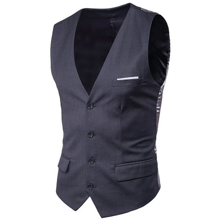 

Avamo Mens Single Breasted Fromal Suit Vest Solid Color Sleeveless V Neck Slim Fit Waistcoat Pockets Suit Vests Dark Gray S