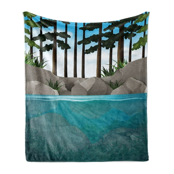 Landscape Soft Flannel Fleece Throw Blanket, Water Scene out in the Wild Forest Environment Mother Nature Items Trees, Cozy Plush for Indoor and Outdoor Use, 60" x 80", Multicolor, by Ambesonne