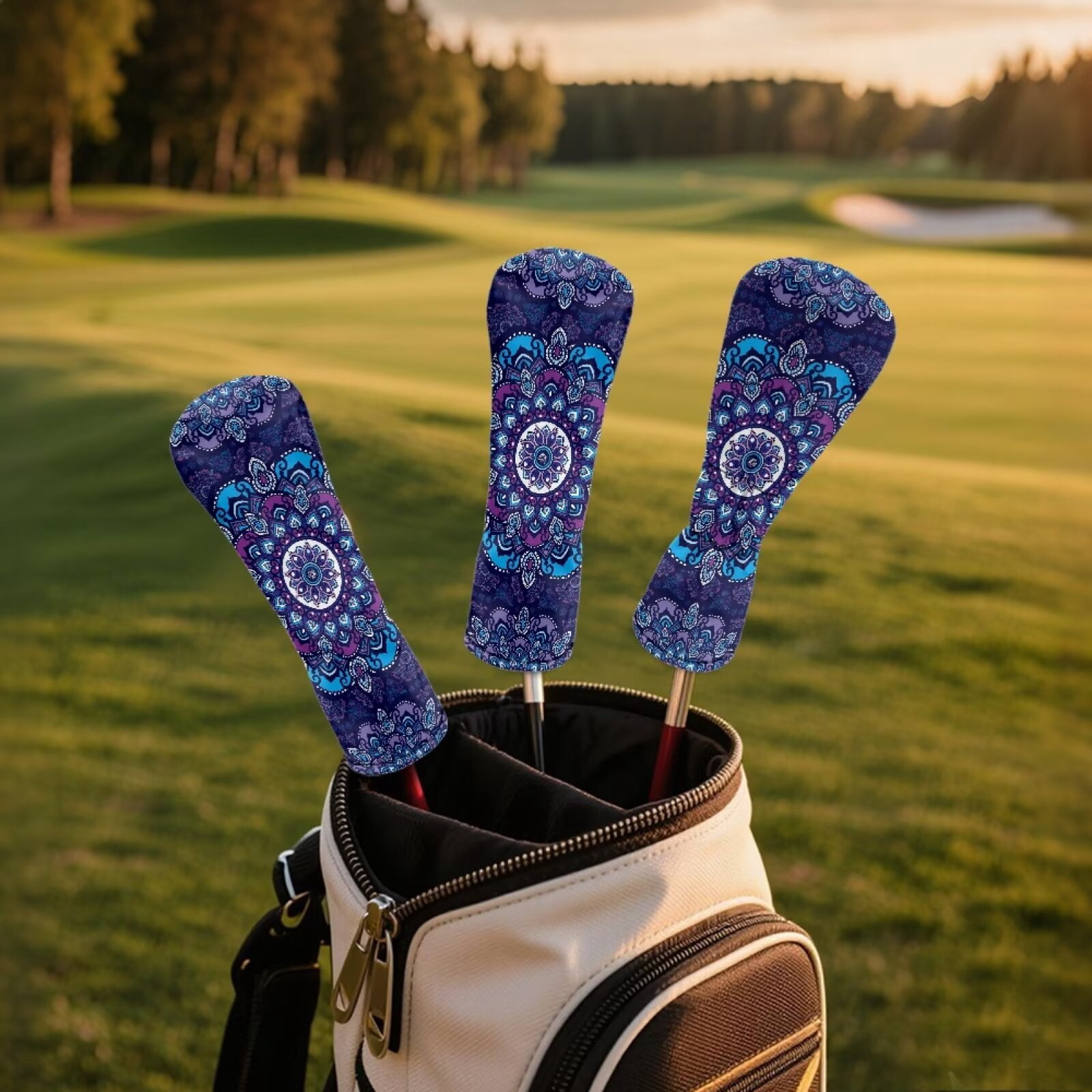 Uorisanigo Golf Club Head Covers for Drivers Fairway Woods Hybrids - Premium PU Leather Purple Boho Mandala Floral Golf Club Headcovers - 3 Piece Set for Men and Women