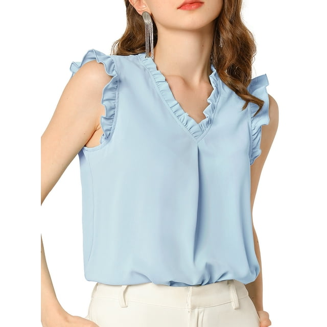 INSPIRE CHIC Women's Ruffled Sleeveless Pullover V- Neck Work Blouses Tops L Blue