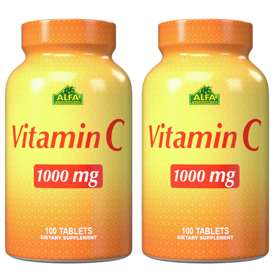 ALFA VITAMINS Vitamin C Supplement with 1000mg - Powerful antioxidant - Immune Booster - Protection from Common Cold - Promotes Healthy Skin - 100 Tablets Bottle - 2 Pack