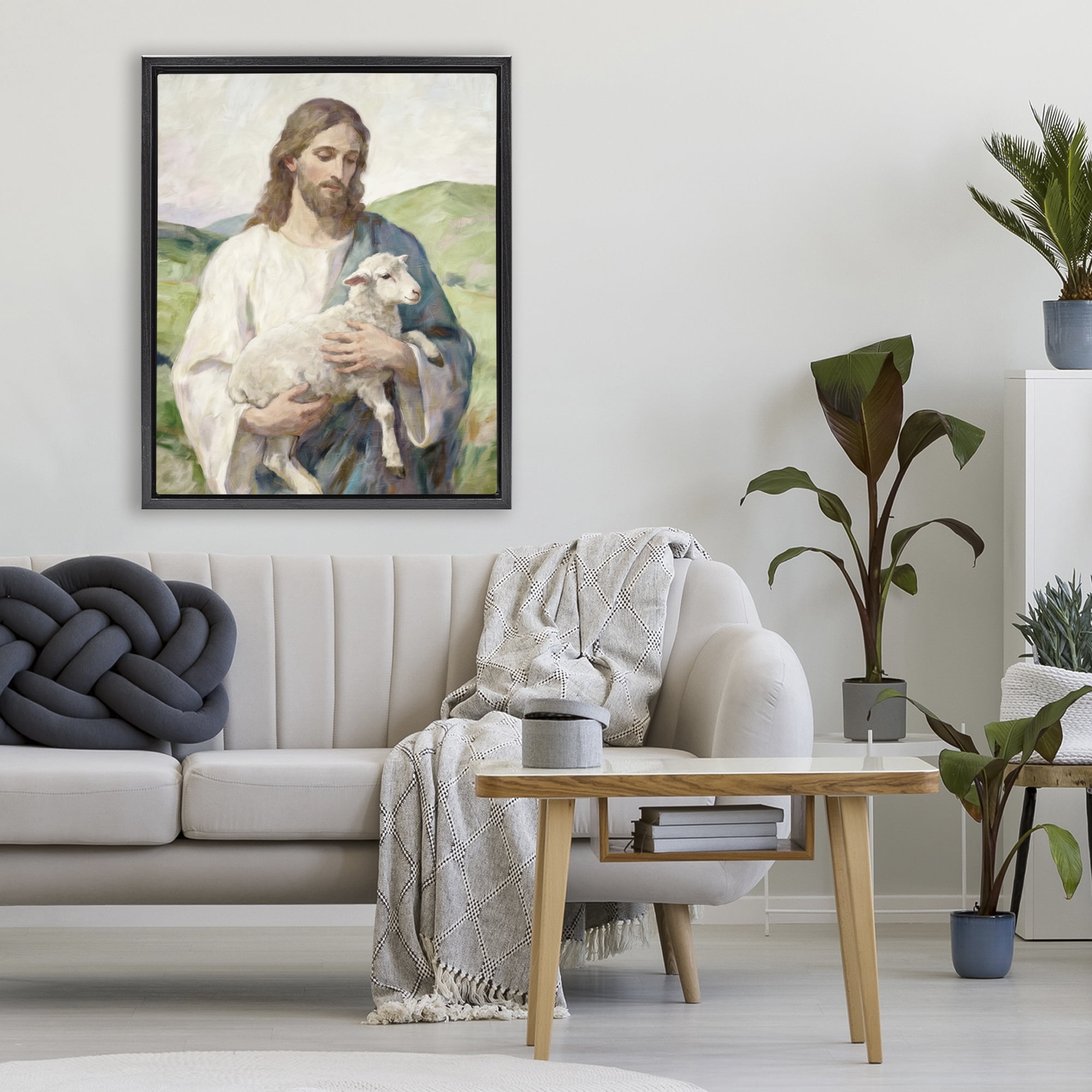 Stupell Industries Little Lamb & Spiritual Figure Black Framed Floater Canvas Wall Art, design by Kim Allen