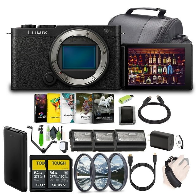 Panasonic LUMIX S9 Mirrorless Full Frame Compact Camera Body (DC-S9BODYK) for Content Creators - Black -Bundle with 2x 64GB UHS-II SDXC Memory Card + Extra Batteries and More Accessories