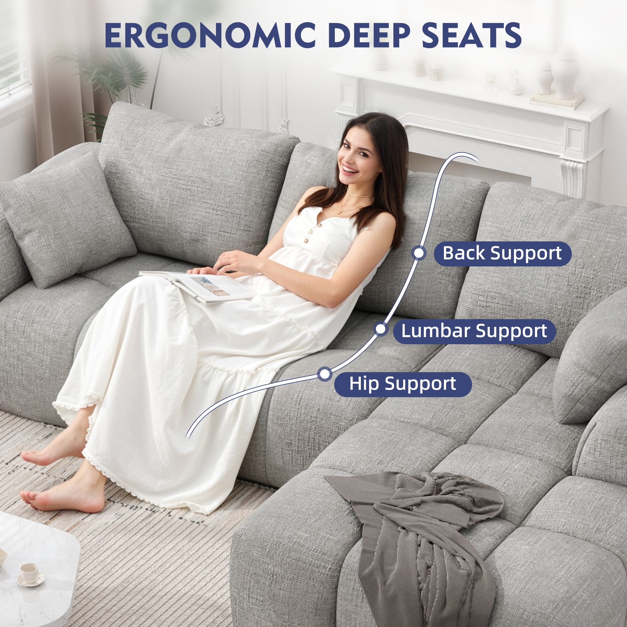101" Sectional Sofa with Back Cushion,Modern L-Shaped Modular Cloud Couch,Unique Chenille Fabric Couches and Sofas for Living Room Bedroom,Compression Sofa No Assembly Required(Light Gray)