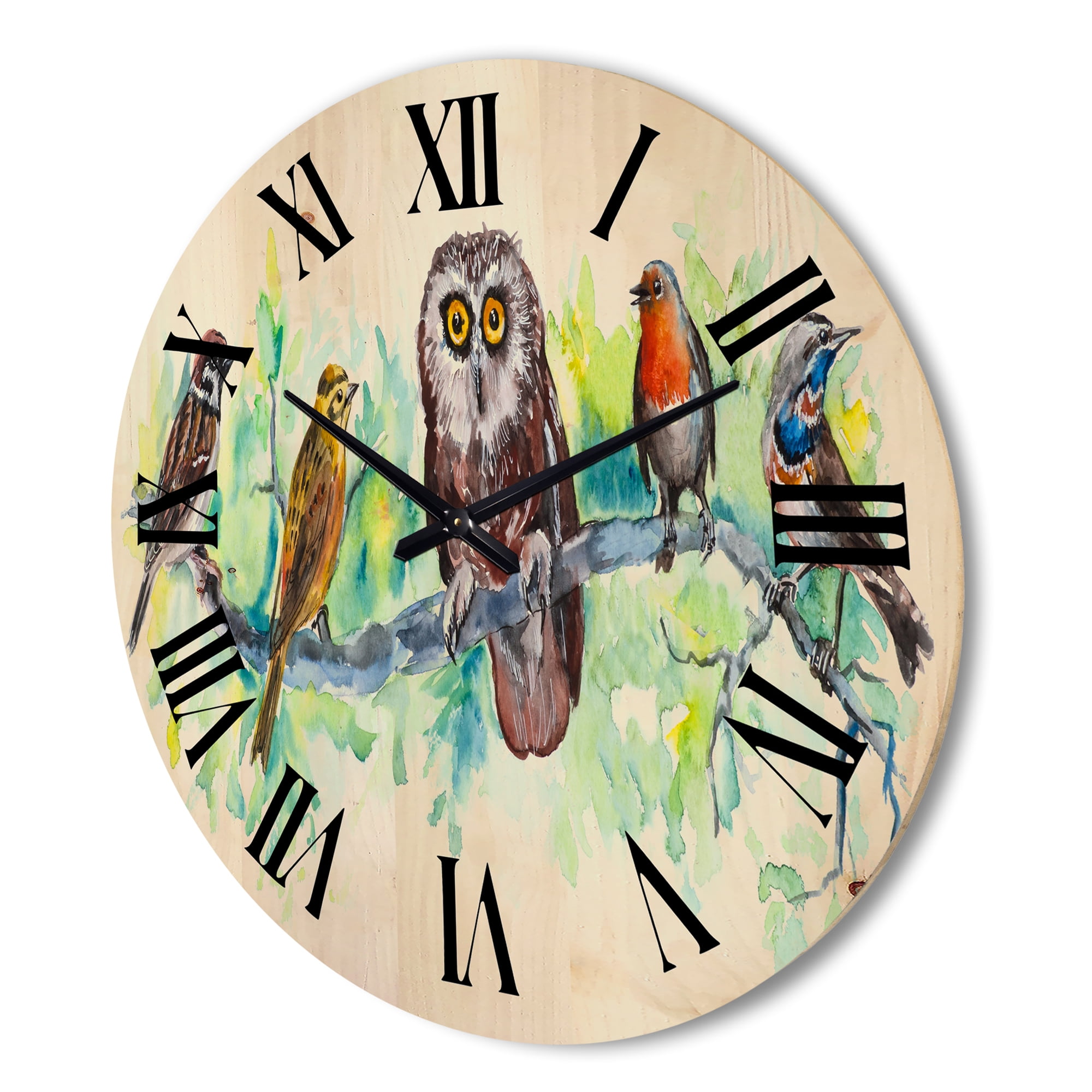 Designart 'Bird Friends With Owl On A Branch' Traditional Wood Wall Clock