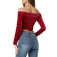thumbnail image 3 of INSPIRE CHIC Women's Boat Neck Long Sleeve Off Shoulder Cropped Velvet Blouse L Wine Red, 3 of 5