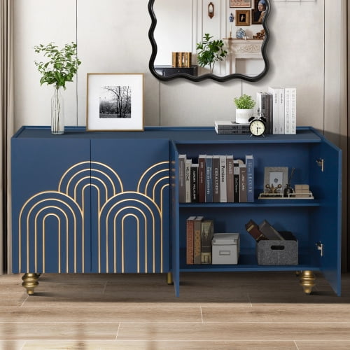 Modern Fluted Sideboard Buffet MDF, 4-Door Storage Cabinet with Adjustable Shelves & Curve Design for Kitchen/Dining/Living Room, Blue