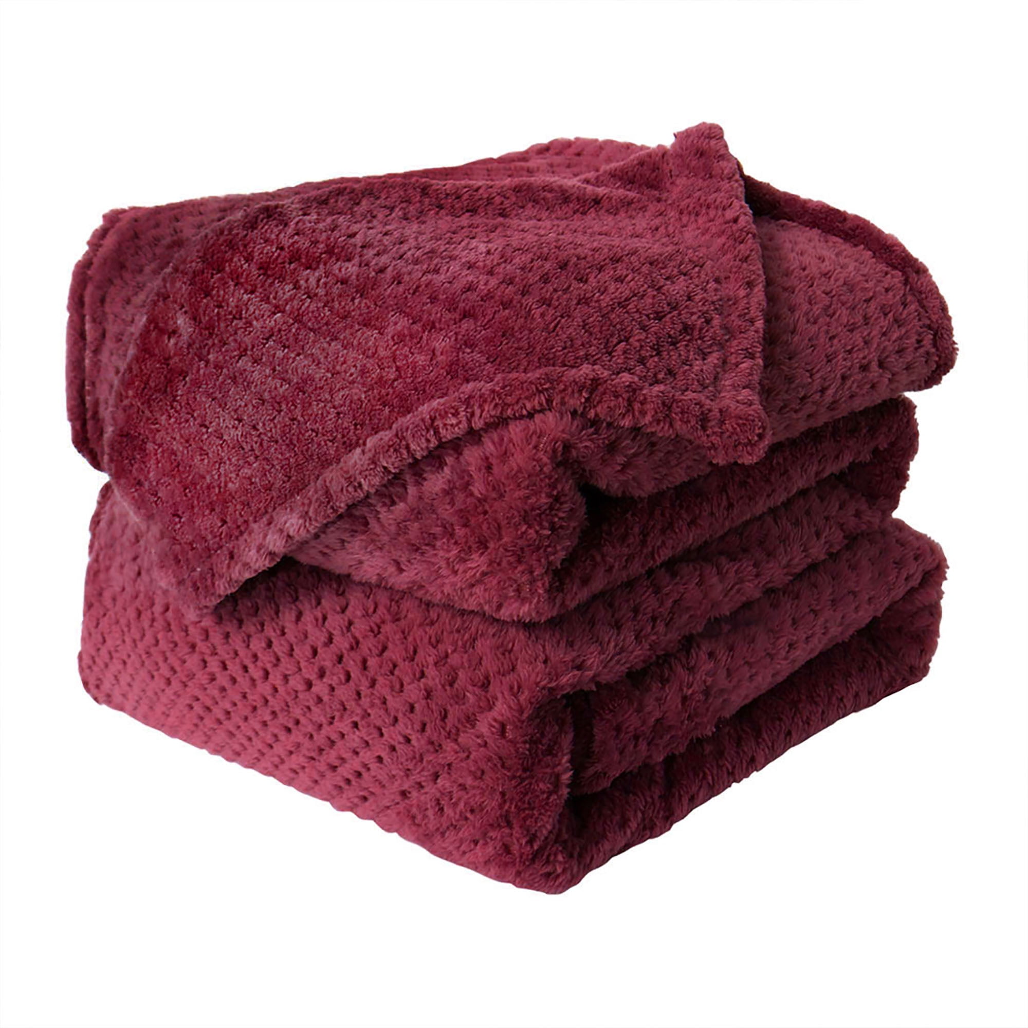 Waffle Flannel Fleece Blankets Velvet Plush Large Throw for Sofa ,Couch or  Bed Burgundy 150 x 200 cm