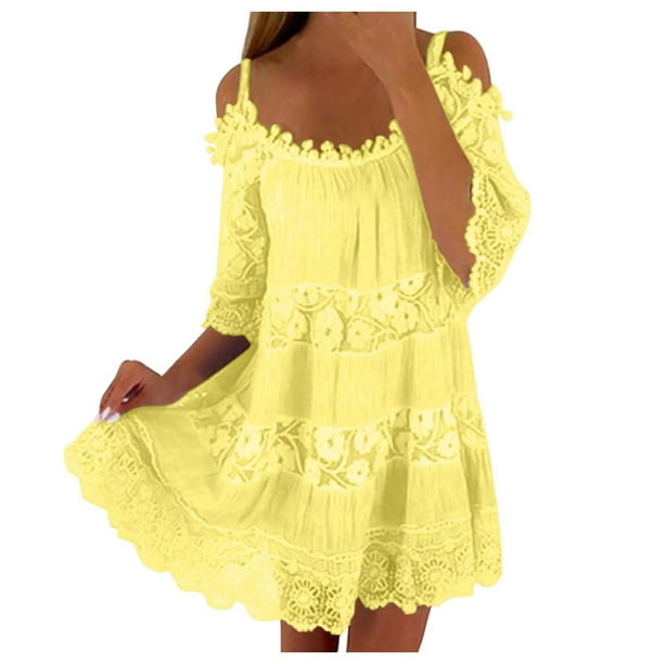 Vestido largo de encaje con hombros descubiertos para mujer: falda escalonada, mangas con volantes, elegante para bodas y fiestas