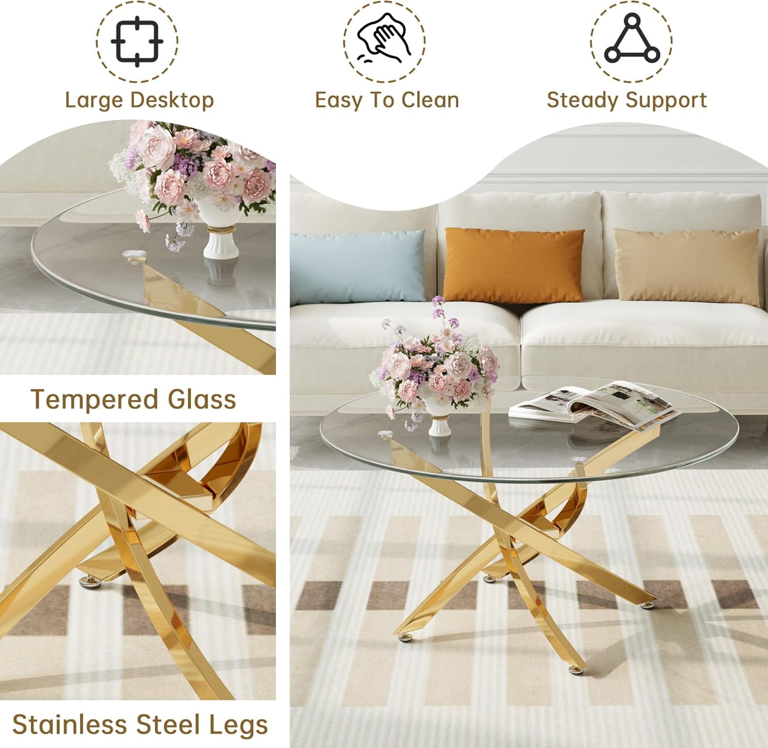 35" Round Glass Coffee Table, 0.39" Tempered Glass Top and Polished Stainless Steel Cross Legs, Modern Style for Living Room, Lounge