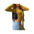 thumbnail image 4 of Seyurigaoka Women's Summer Crop Tops Solid Color Pleated Jacquard Long Sleeve V-Neck Knotted Tassel Show Navel T-Shirts, 4 of 8
